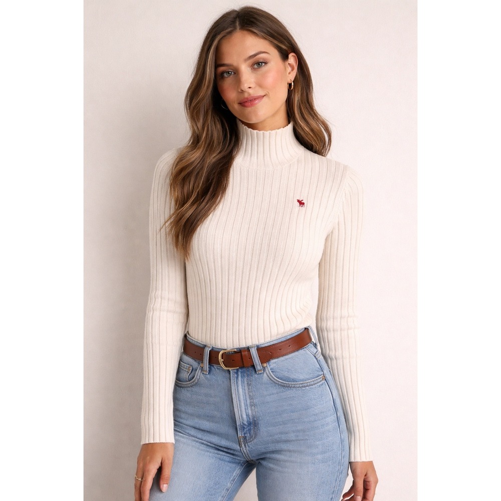 Abercrombie & Fitch Sweater Womans S Cream‎  Muscle Ribbed Knit Moose Logo Mock